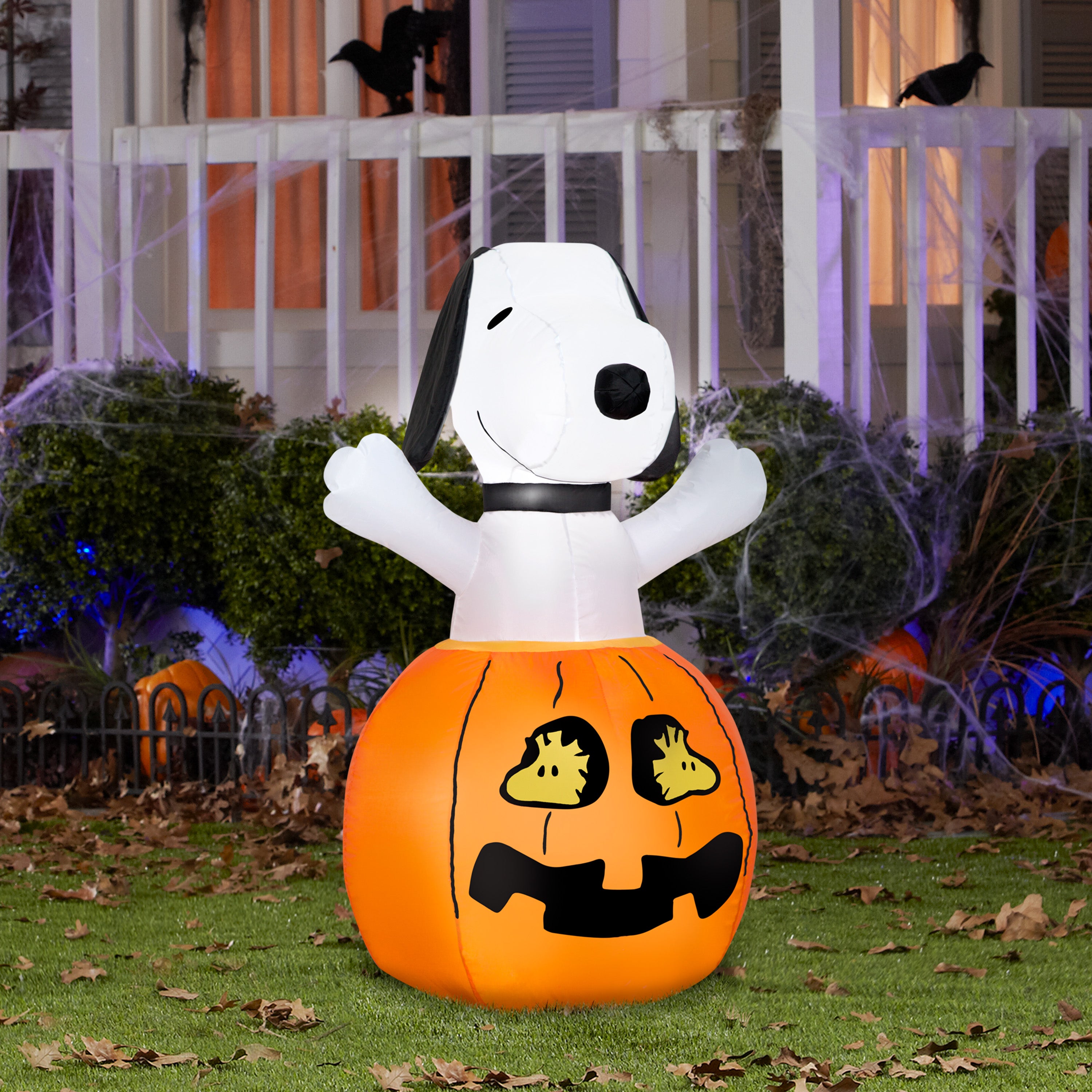 Gemmy Airblown Inflatable Snoopy In Pumpkin w/Woodstock Peanuts, 3 ft Tall, Multicolored