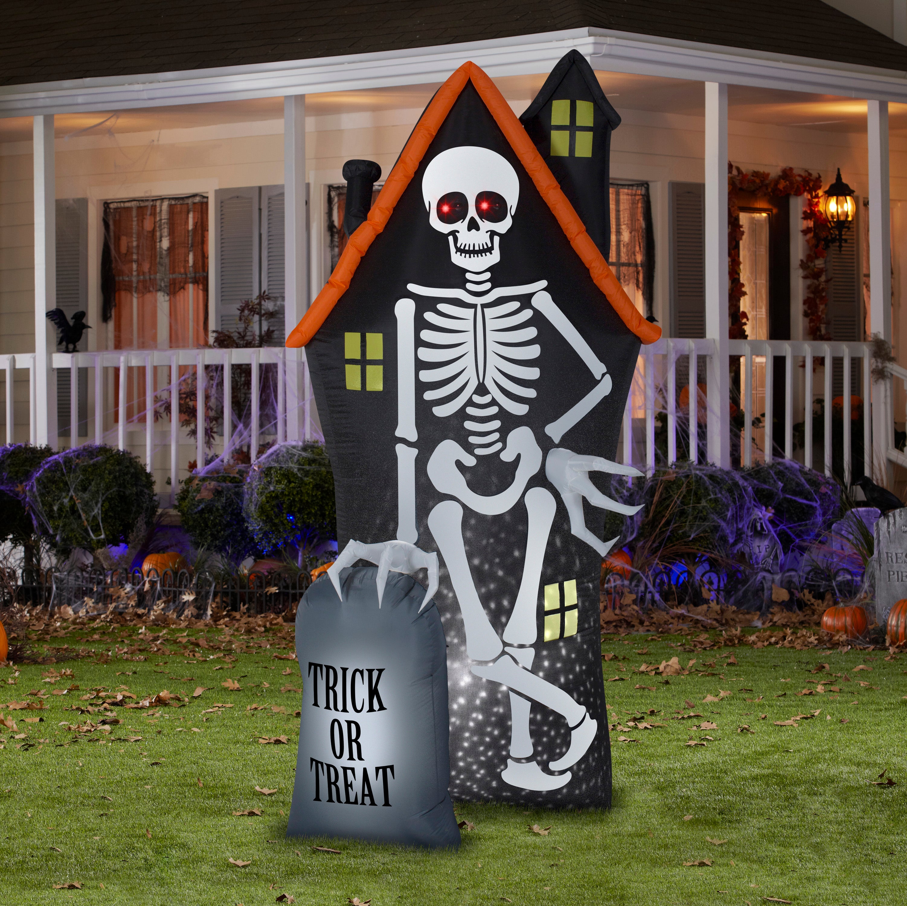 8' Projection Airblown Skeleton and Haunted House Tombstone Scene Halloween Inflatable