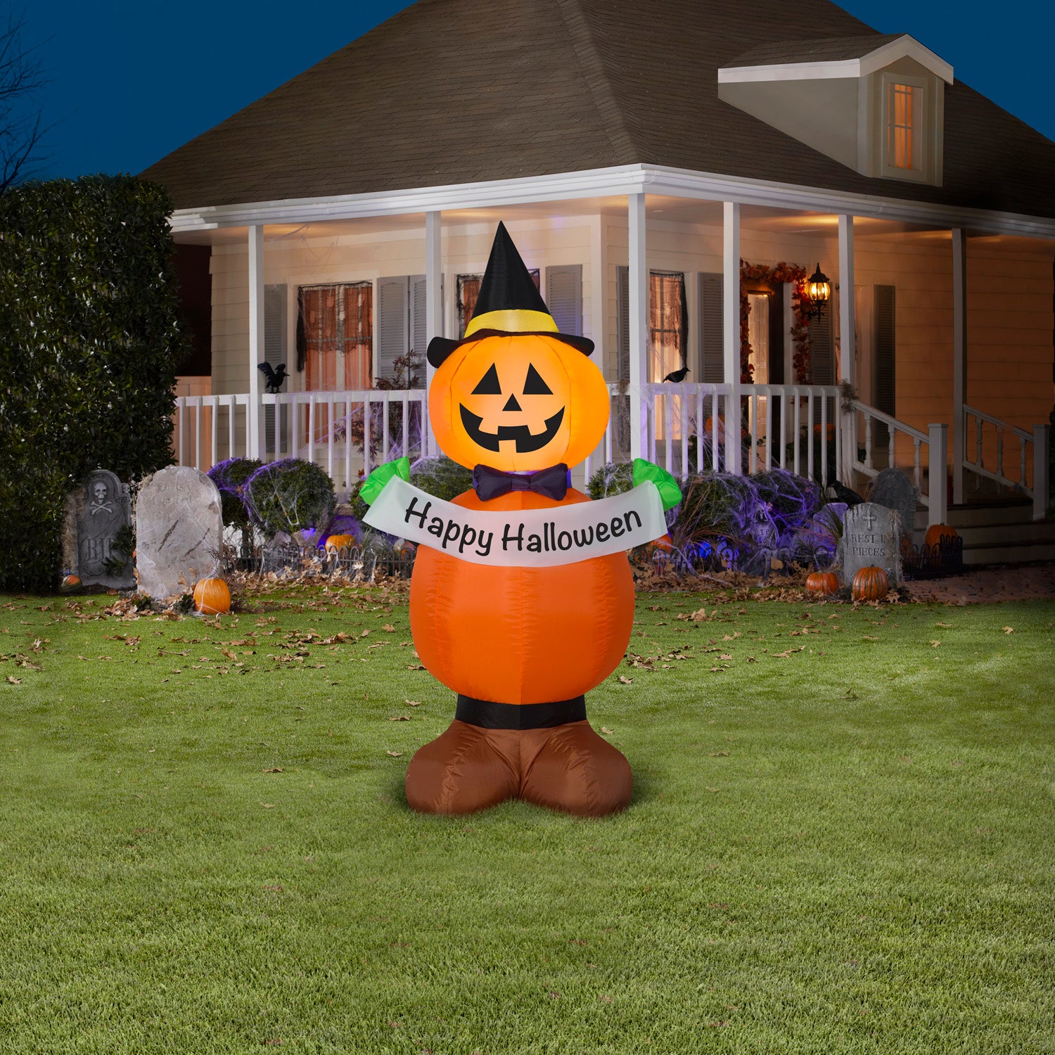 Gemmy Halloween Inflatable Jack O' Lantern Stack with Banner, 4 ft Tall, Multi