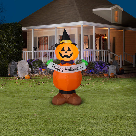 Gemmy Halloween Inflatable Jack O' Lantern Stack with Banner, 4 ft Tall, Multi