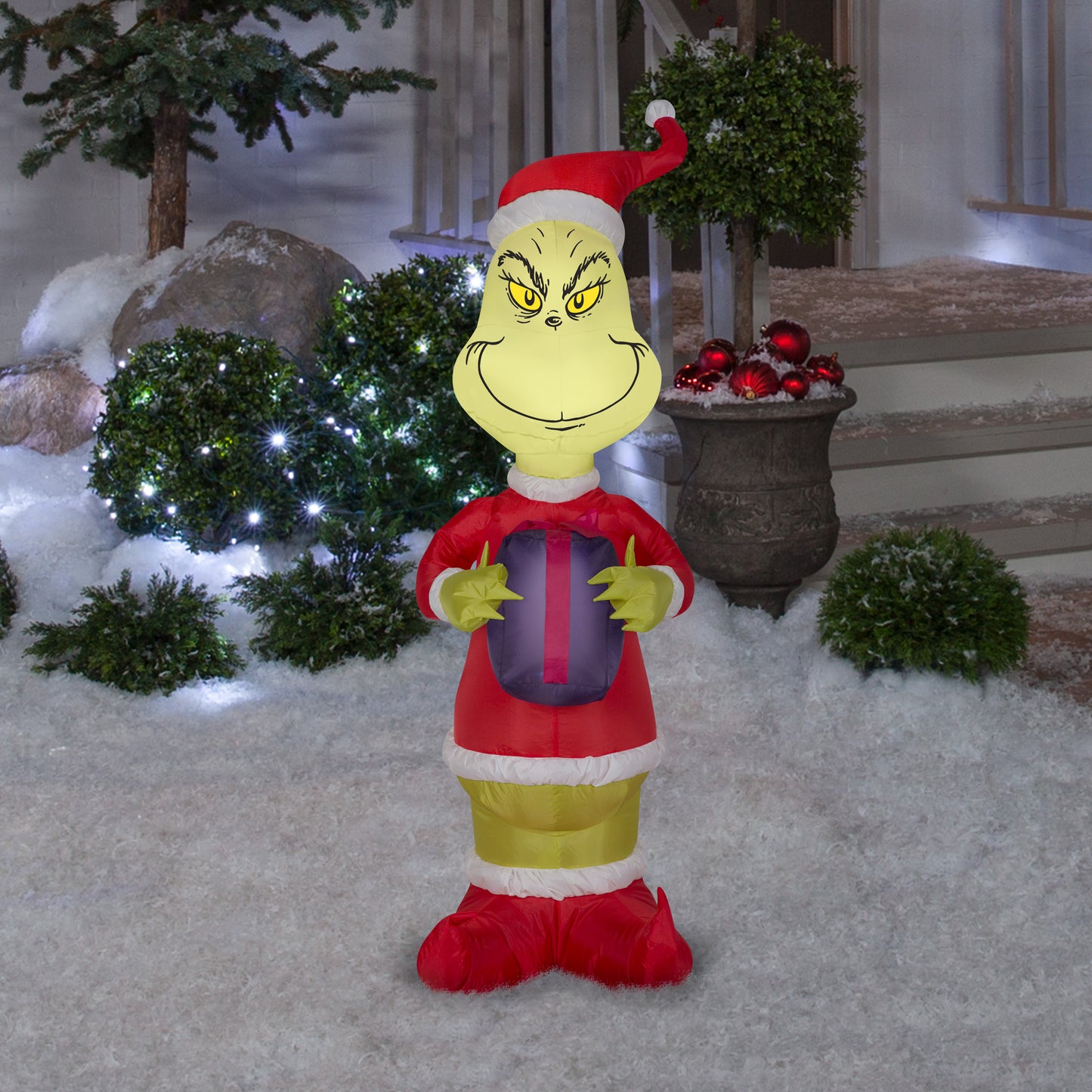 Christmas Inflatable Grinch w/Present Dr. Seuss, 4 ft Tall lifestyle