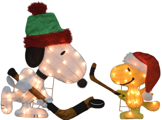 Peanuts 28in Peanuts 2D LED PreLit Sport Snoopy and Woodstock Hockey, Yellow