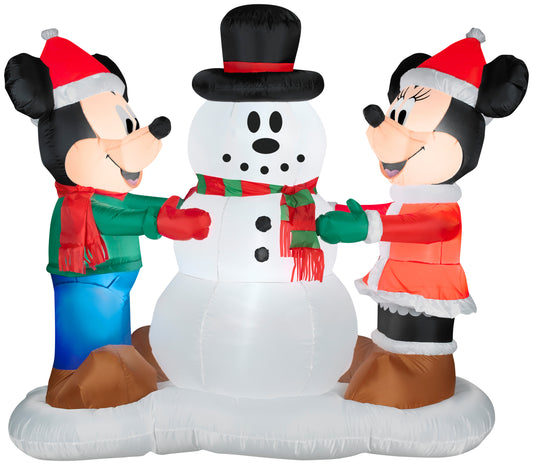 Christmas Inflatable Mickey and Minnie Decorating Snowman Scene Disney, 5 ft Tall