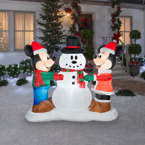Gemmy Christmas Airblown Inflatable Mickey and Minnie Decorating Snowman Scene Disney, 5 ft Tall