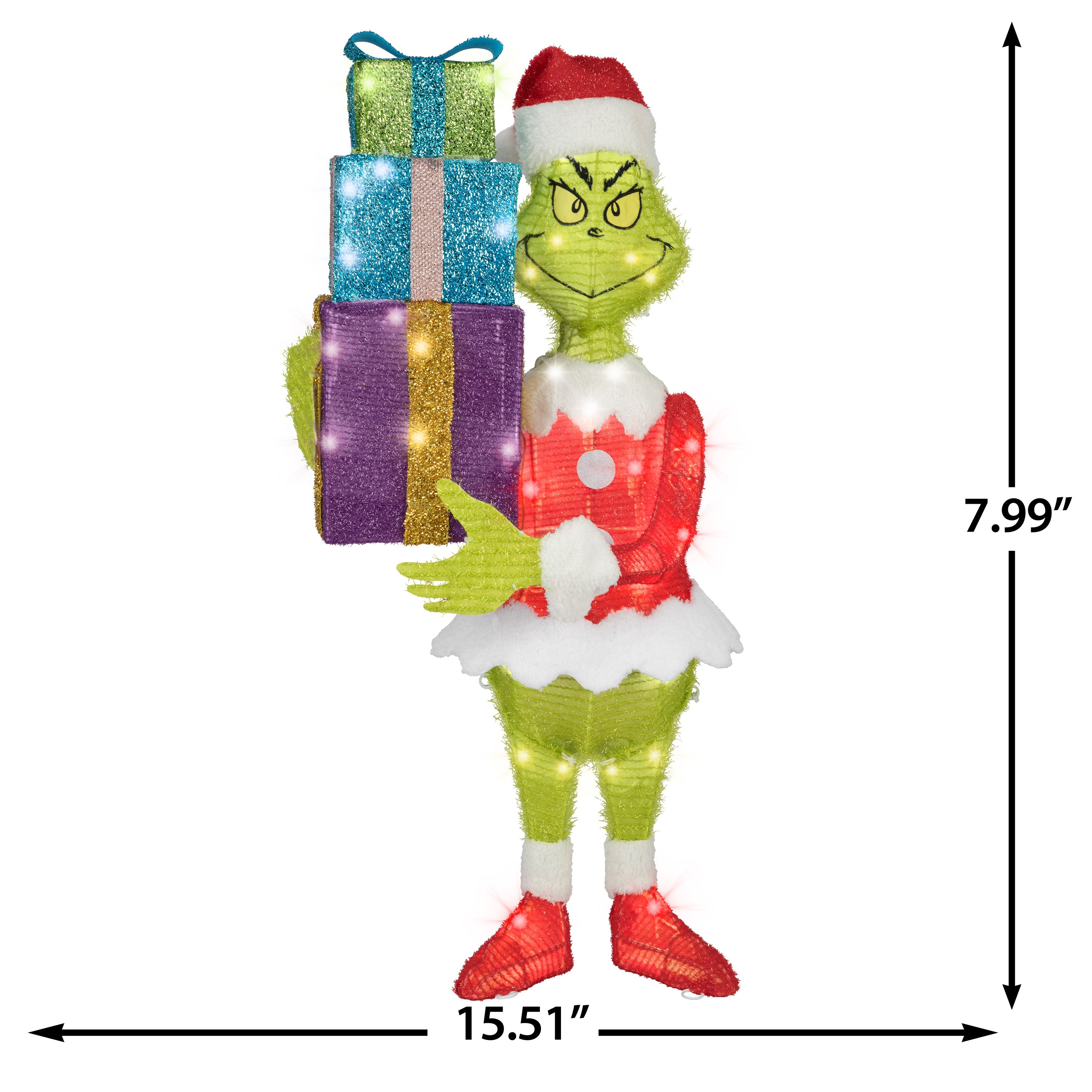 Gemmy 3D Holiday Lighted Tinsel Sculpture Grinch w/Present Stack Dr. Seuss, Multicolored