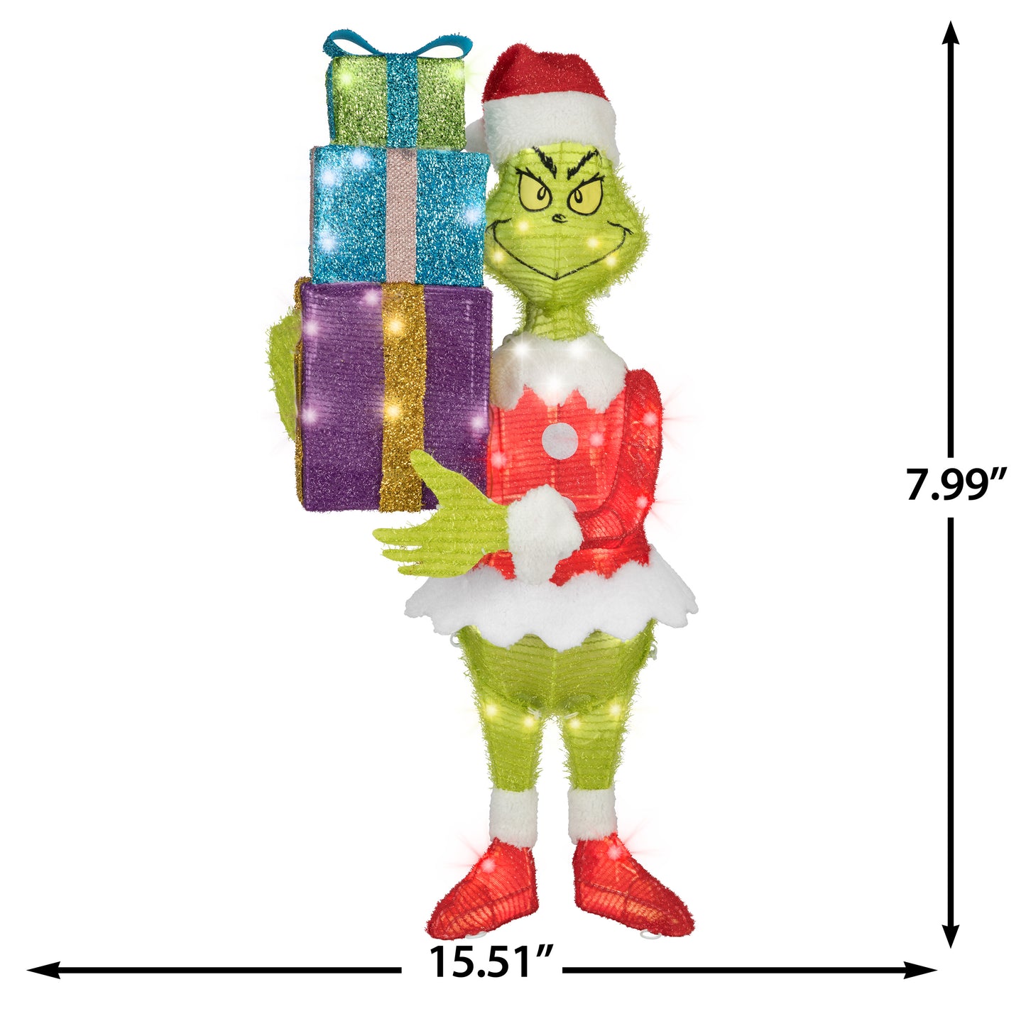 Gemmy 3D Holiday Lighted Tinsel Sculpture Grinch w/Present Stack Dr. Seuss, Multicolored