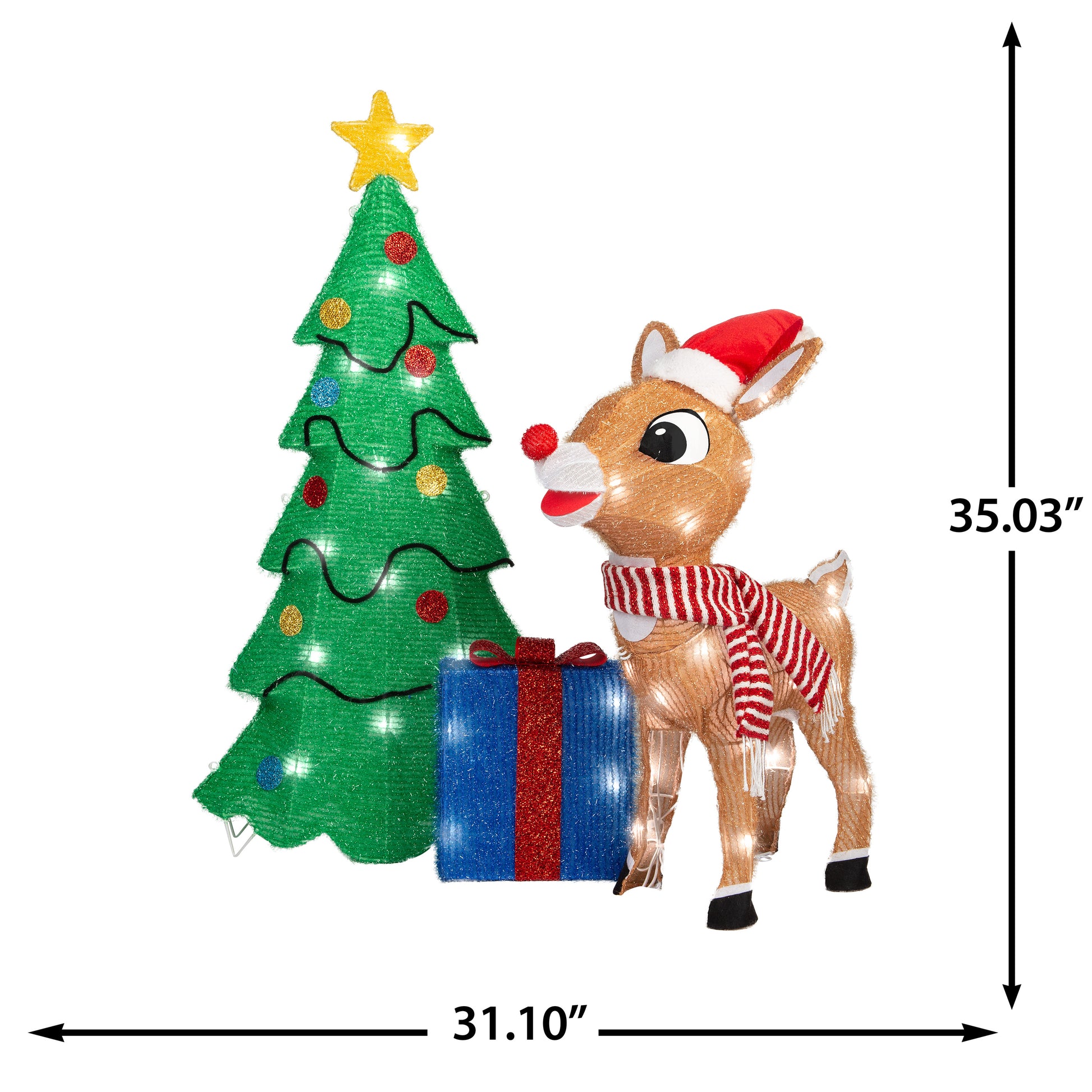 35-Inch Rudolph Scene with Tree and Presents Pre-Lit Tinsel Sculpture dimensions