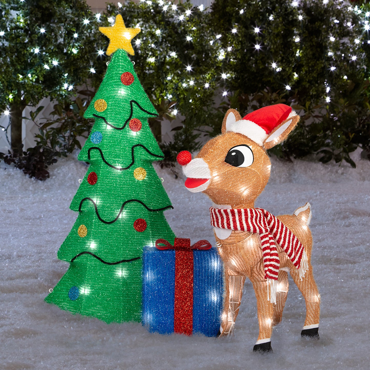 35-Inch Rudolph Scene with Tree and Presents Pre-Lit Tinsel Sculpture lifestyle