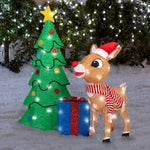 Load image into Gallery viewer, Gemmy Rudolph the Red-Nosed Reindeer Scene with Tree and Presents Tinsel Yard Sculpture, 35-Inch, Pre-Lit LED Christmas Decor
