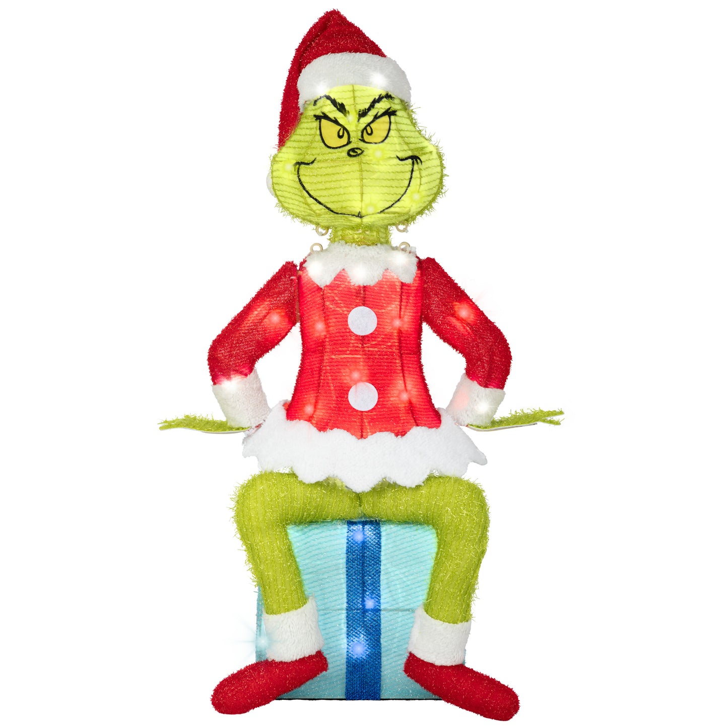 The Grinch Sitting On Present Tinsel Yard Sculpture, 27-Inch, Pre-Lit LED Christmas Décor