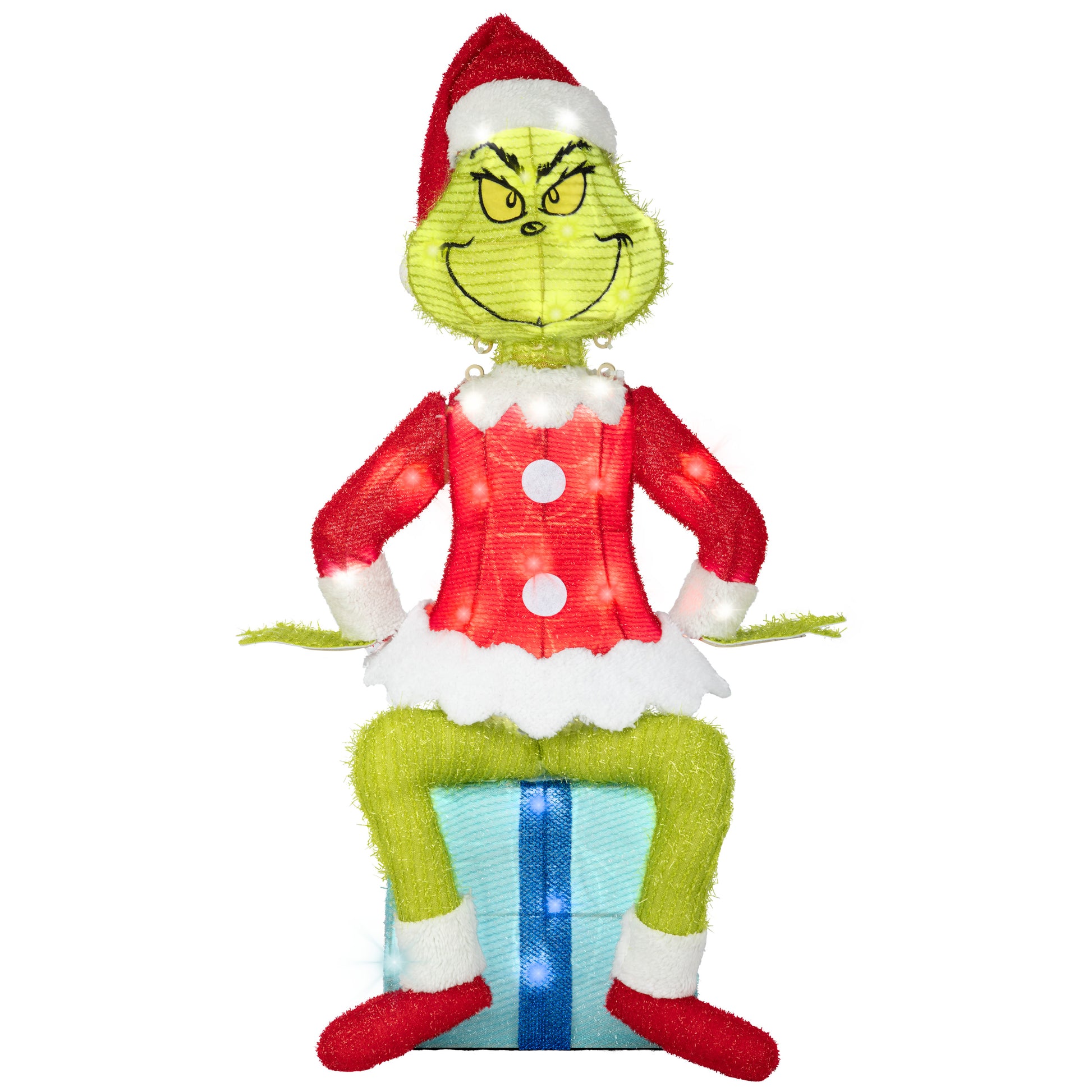 The Grinch Sitting On Present Tinsel Yard Sculpture, 27-Inch, Pre-Lit LED Christmas Décor