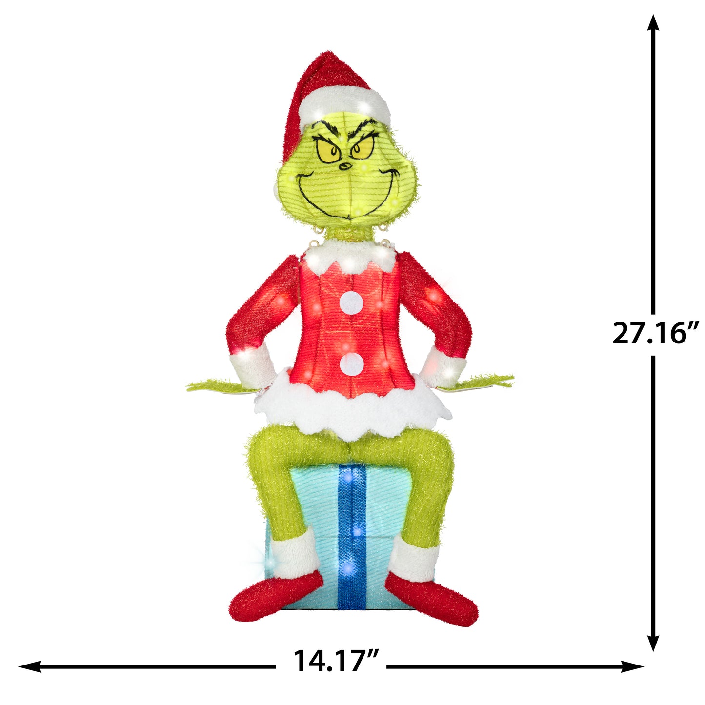 The Grinch Sitting On Present Tinsel Yard Sculpture, 27-Inch, Pre-Lit LED Christmas Décor dimensions