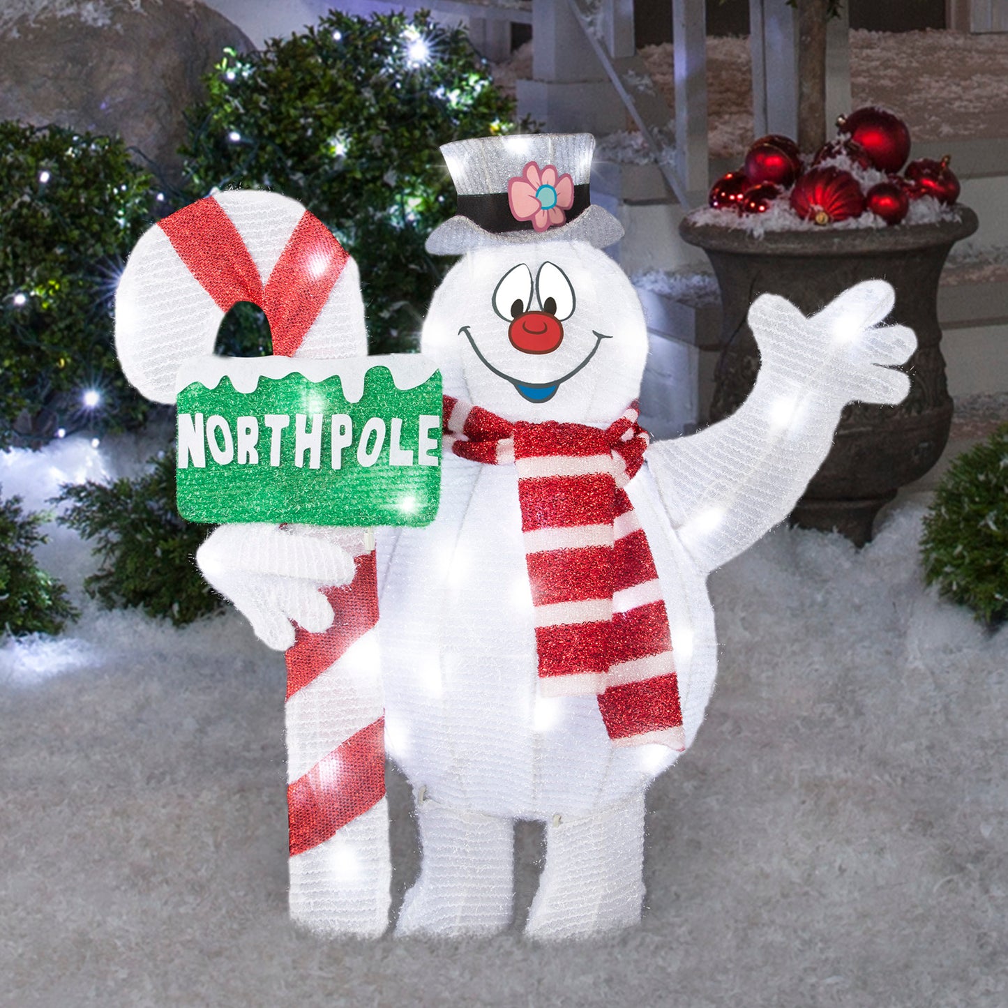 28-Inch Frosty with Candy Cane Lighted Tinsel Sculpture lifestyle