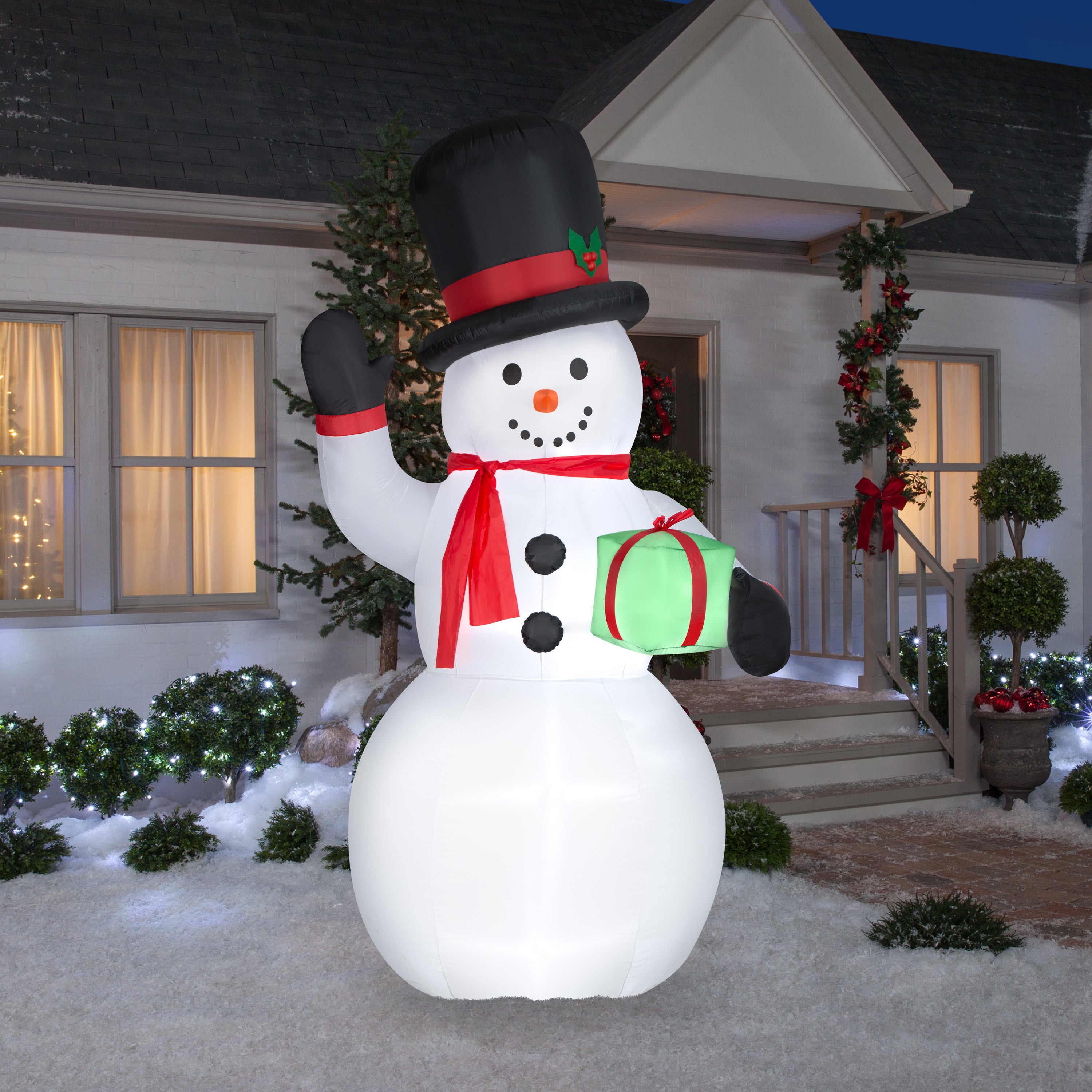 Gemmy Christmas Airblown Inflatable Snowman w/Gift Box Giant, 10 ft Tall, White