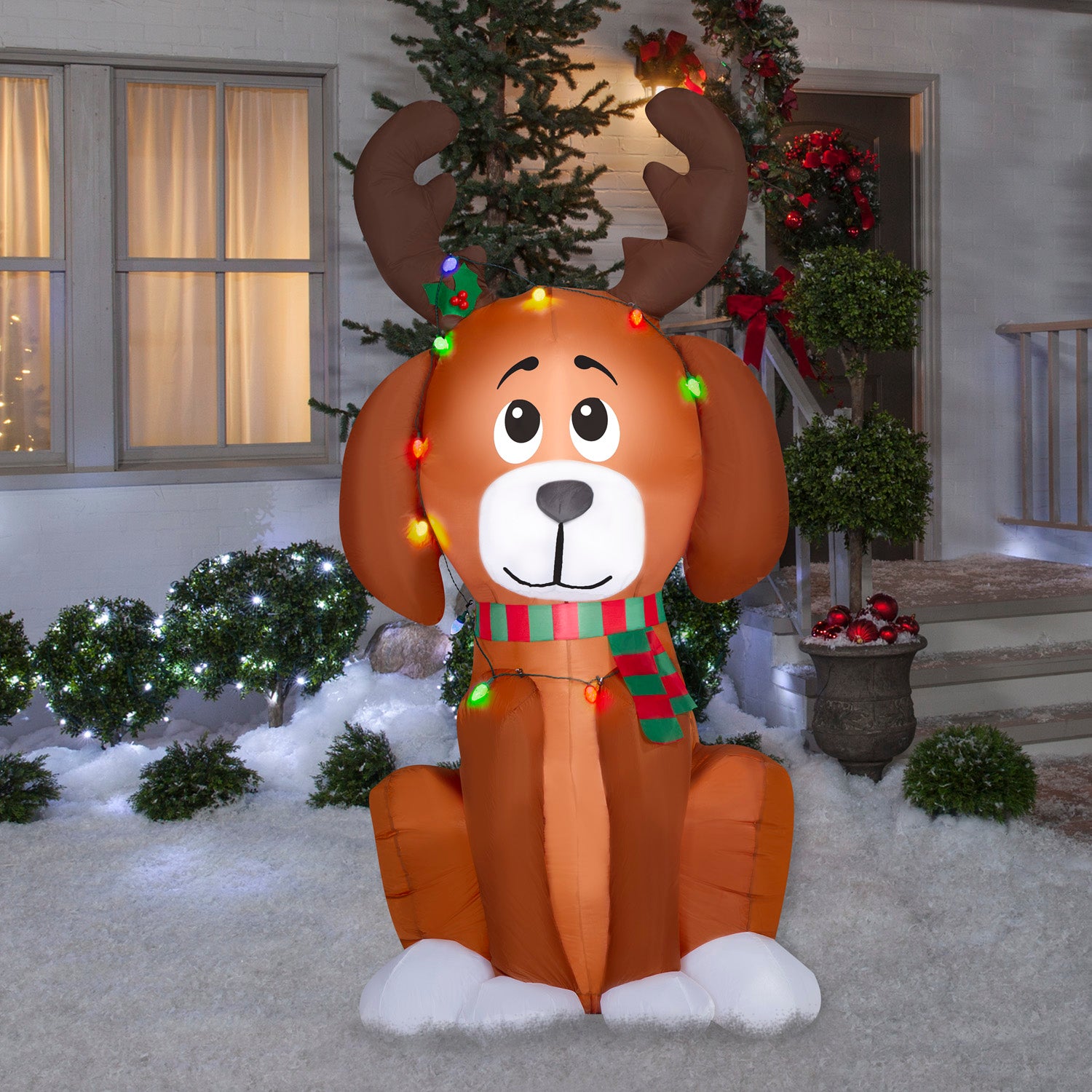 Gemmy Christmas Inflatable Dog with Antlers and Light String, 6 ft Tall, Multi