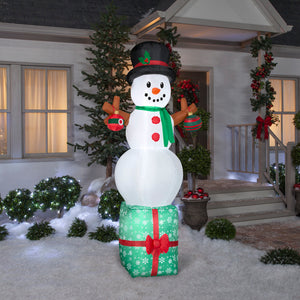 Gemmy Christmas Inflatable Snowman on Gift Box, 7 ft Tall, Multi