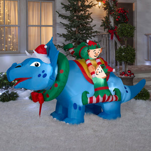 Gemmy Christmas Inflatable Triceratops with Elves, 4.5 ft Tall, Multi
