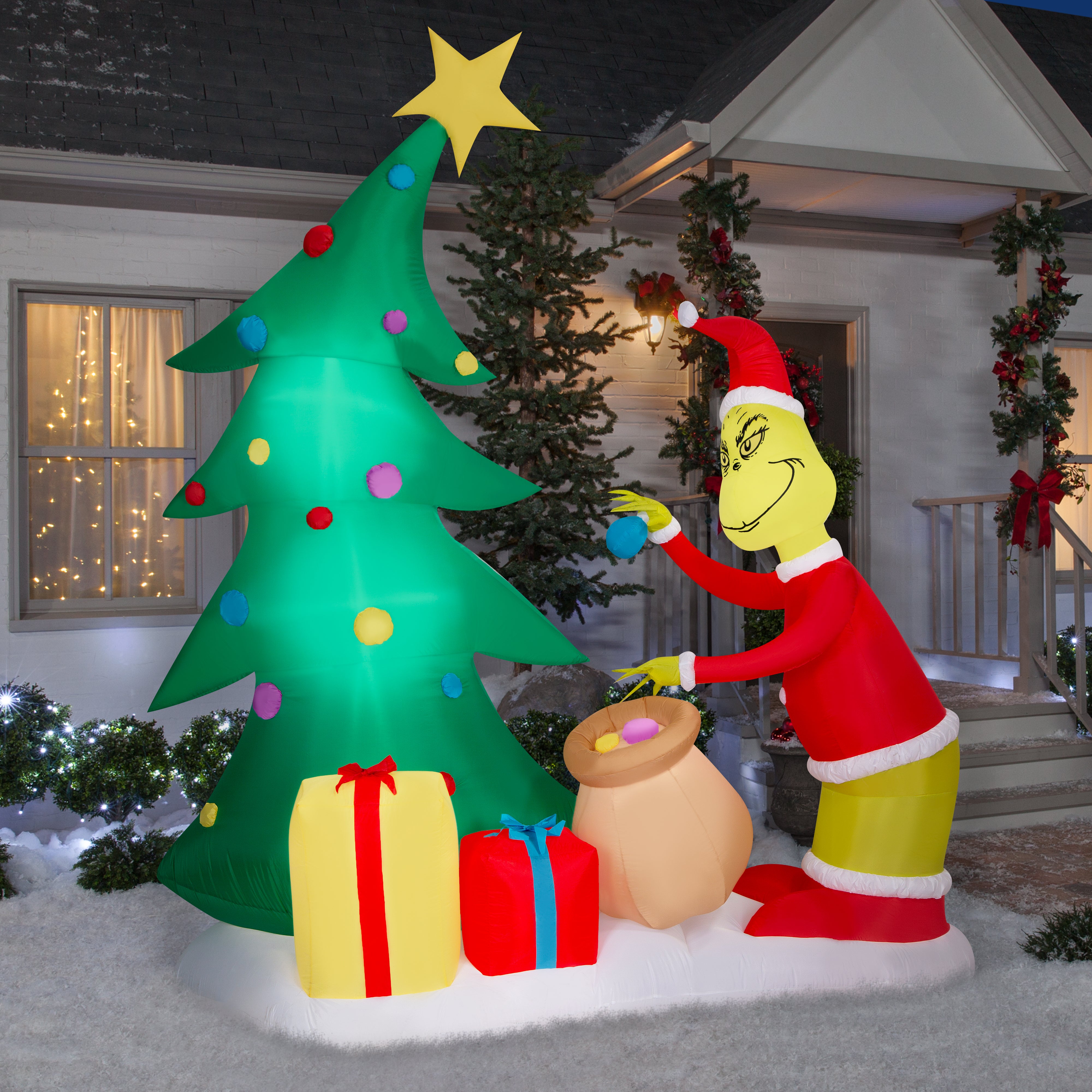 Gemmy Airblown Inflatable Grinch Putting Ornaments on Tree  LG Scene Dr. Seuss , 8.5 ft Tall