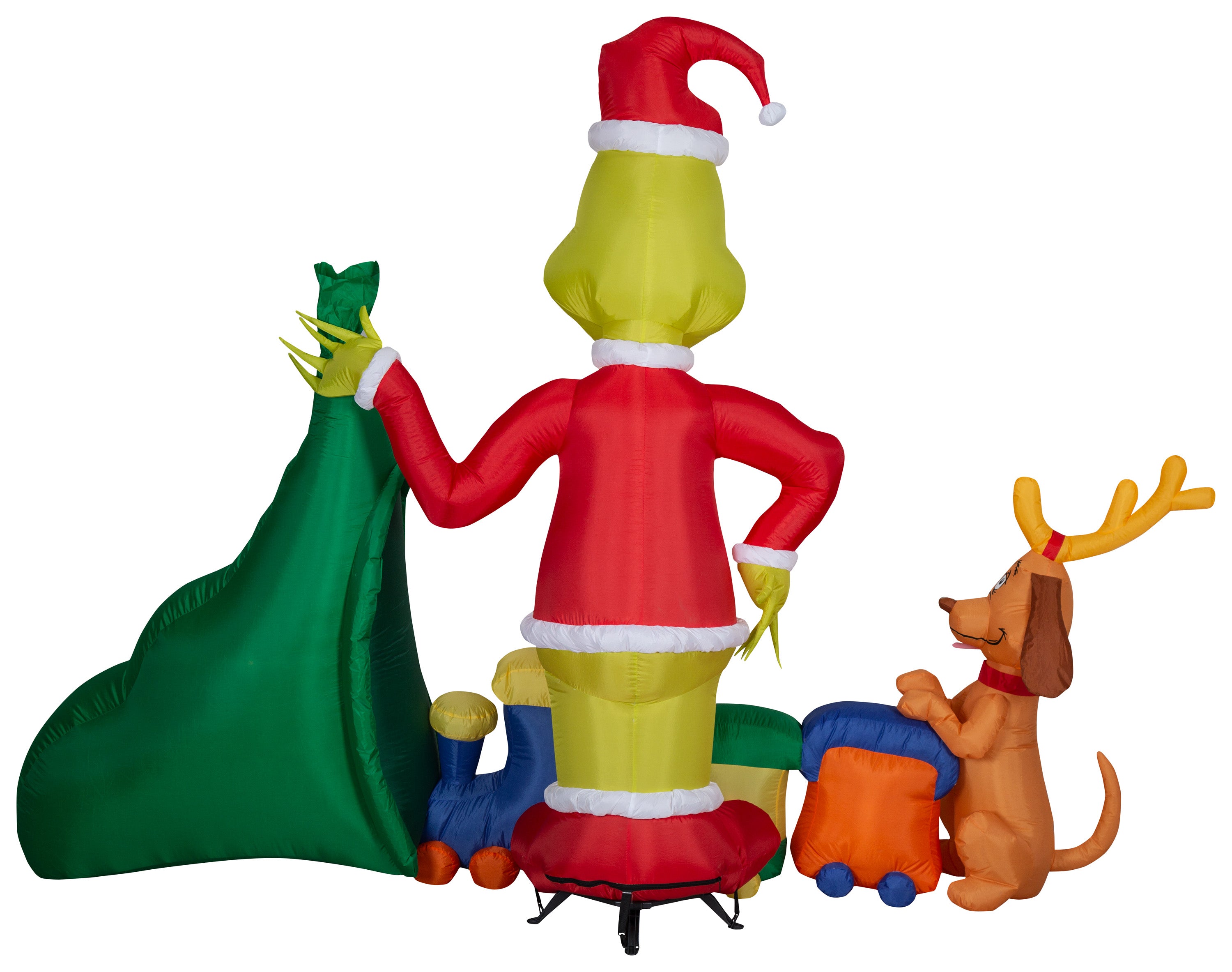 Gemmy Christmas Airblown Inflatable Grinch Putting Train in Santa Sack Scene Dr. Seuss, 6.5 ft Tall