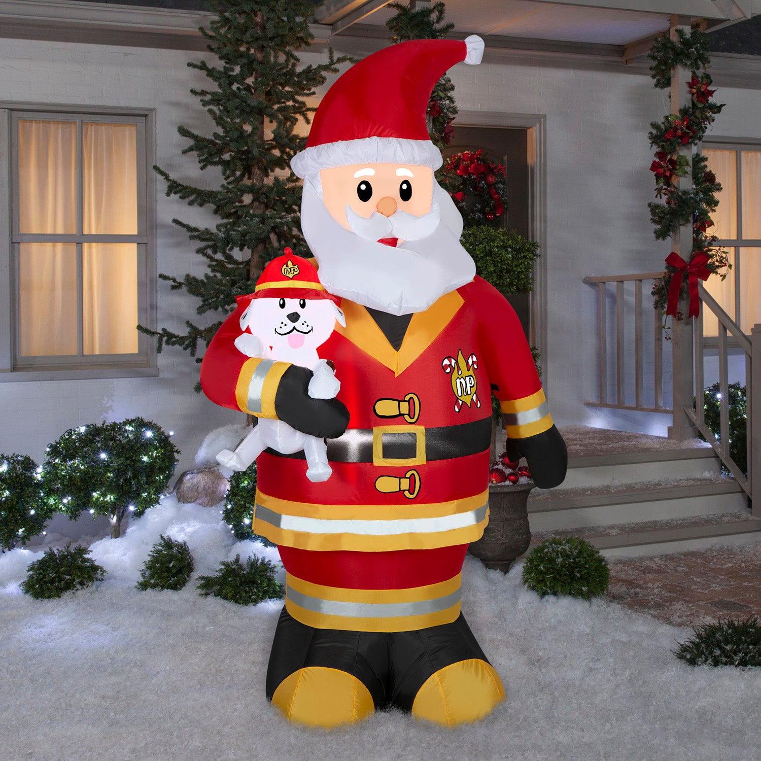 Gemmy Christmas Inflatable Firefighter Santa , 7 ft Tall, Multi