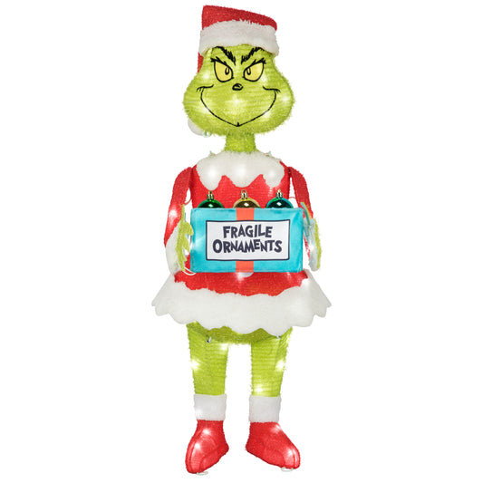 Gemmy 3D Holiday Lighted Tinsel Sculpture Grinch w/Ornament Box 30" Dr. Seuss, Multicolored