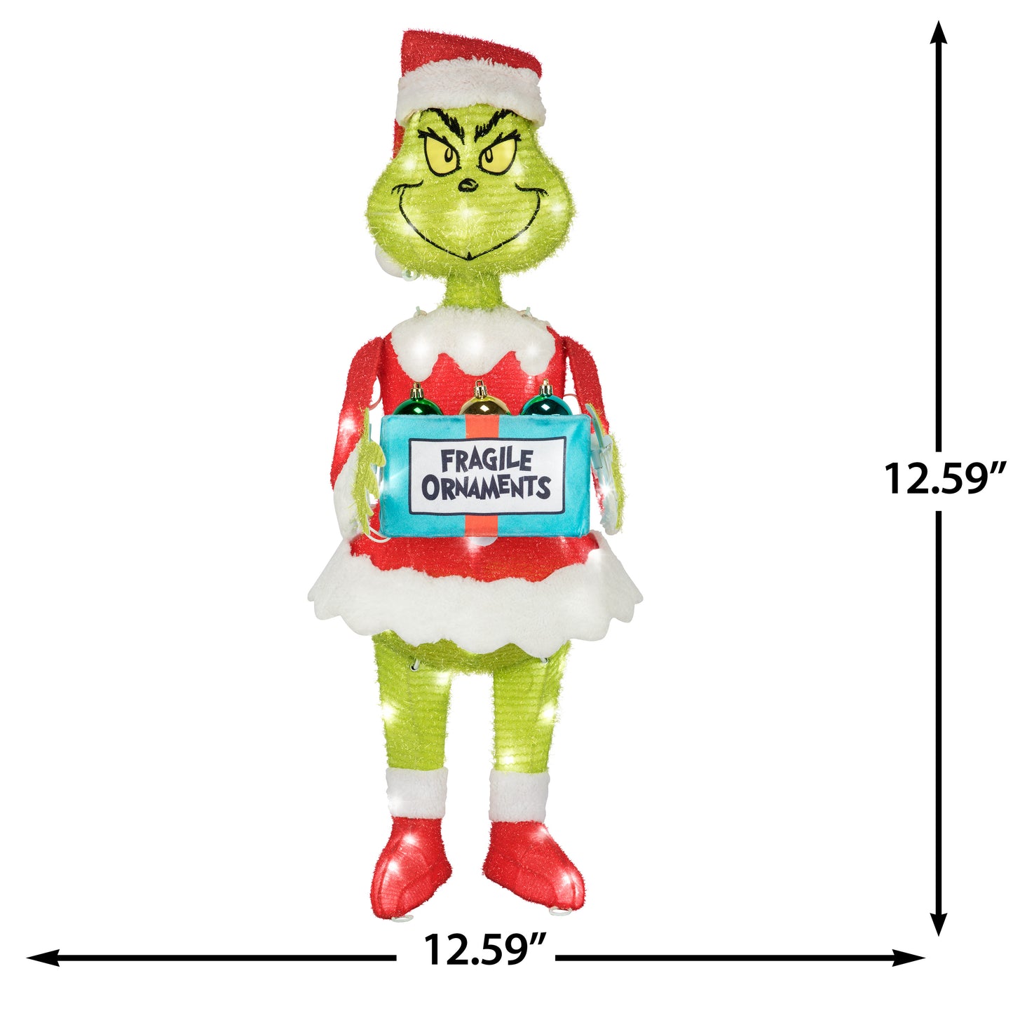 3D Holiday Lighted Tinsel Sculpture Grinch w/Ornament Box 30" Dr. Seuss dimensions
