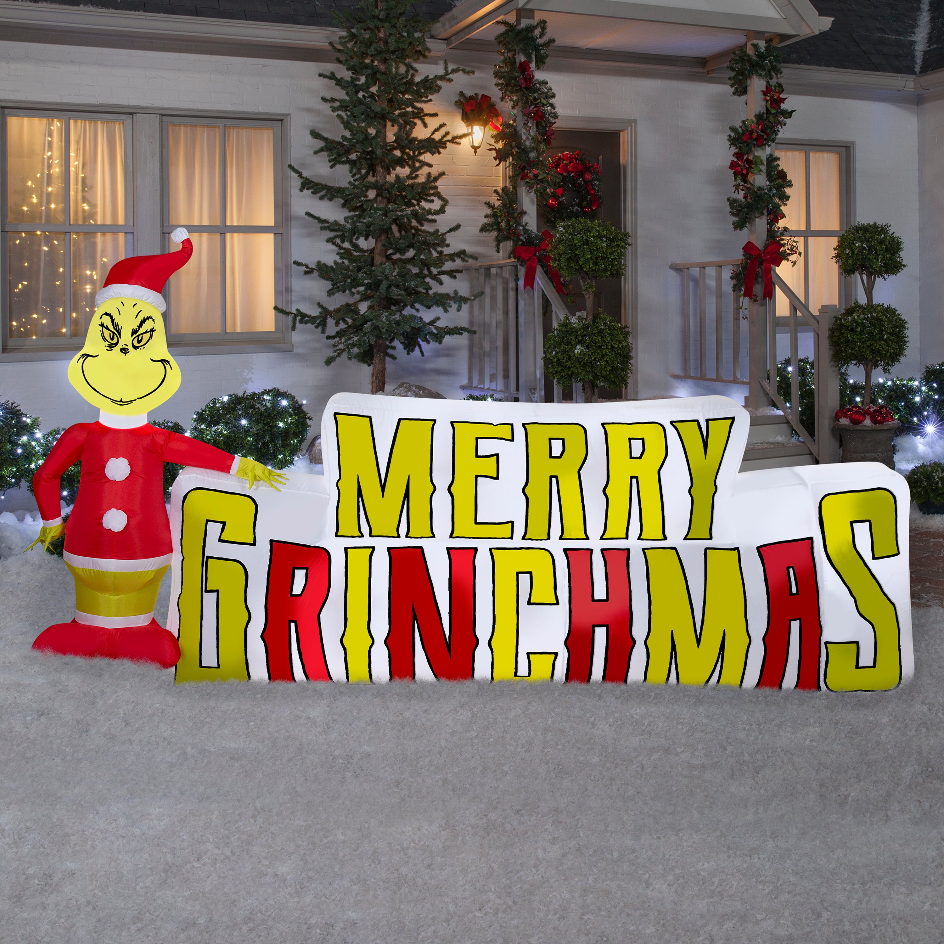Gemmy Christmas Inflatable Grinch with Merry Grinchmas Sign, 5 ft Tall, Multi