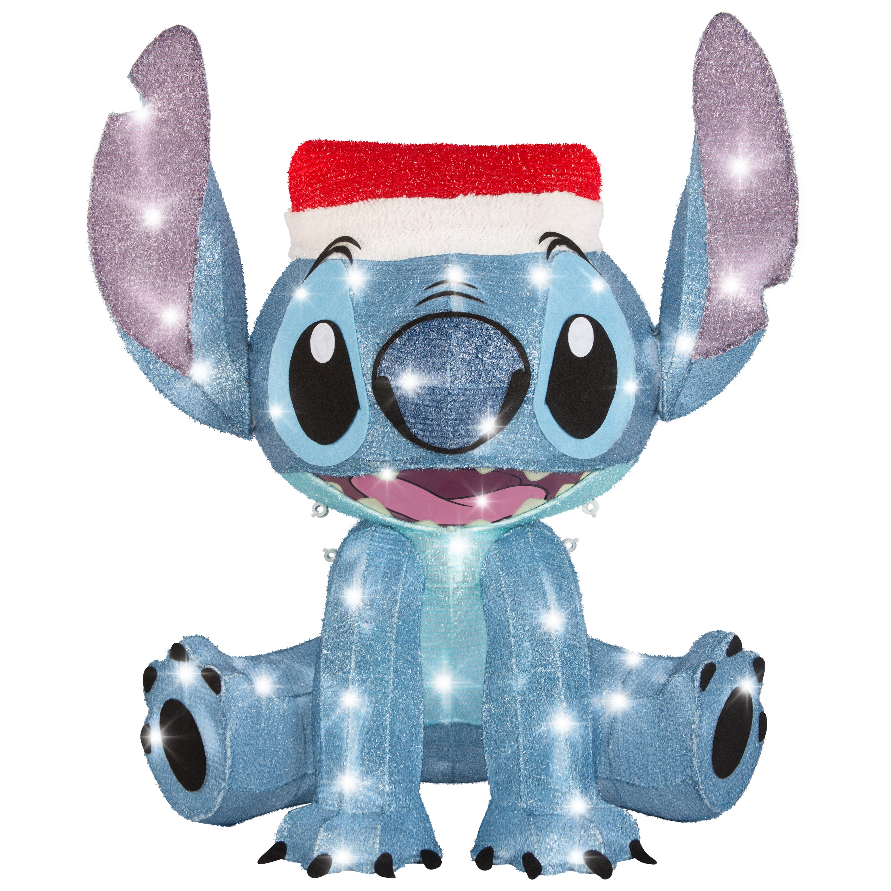 Gemmy 3D Holiday Lighted Tinsel Sculpture Stitch w/Santa Hat 28" Disney, Multicolored