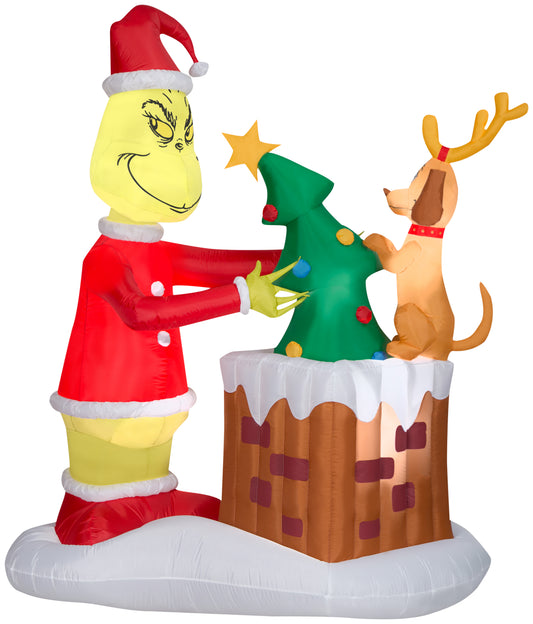 Animated Inflatable Grinch Pulling Tree from Chimney Scene Dr. Seuss, 6.5 ft Tall