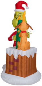 Gemmy Animated Airblown Inflatable Grinch Pulling Tree from Chimney Scene Dr. Seuss, 6.5 ft Tall