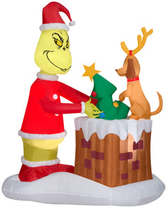 Gemmy Animated Airblown Inflatable Grinch Pulling Tree from Chimney Scene Dr. Seuss, 6.5 ft Tall