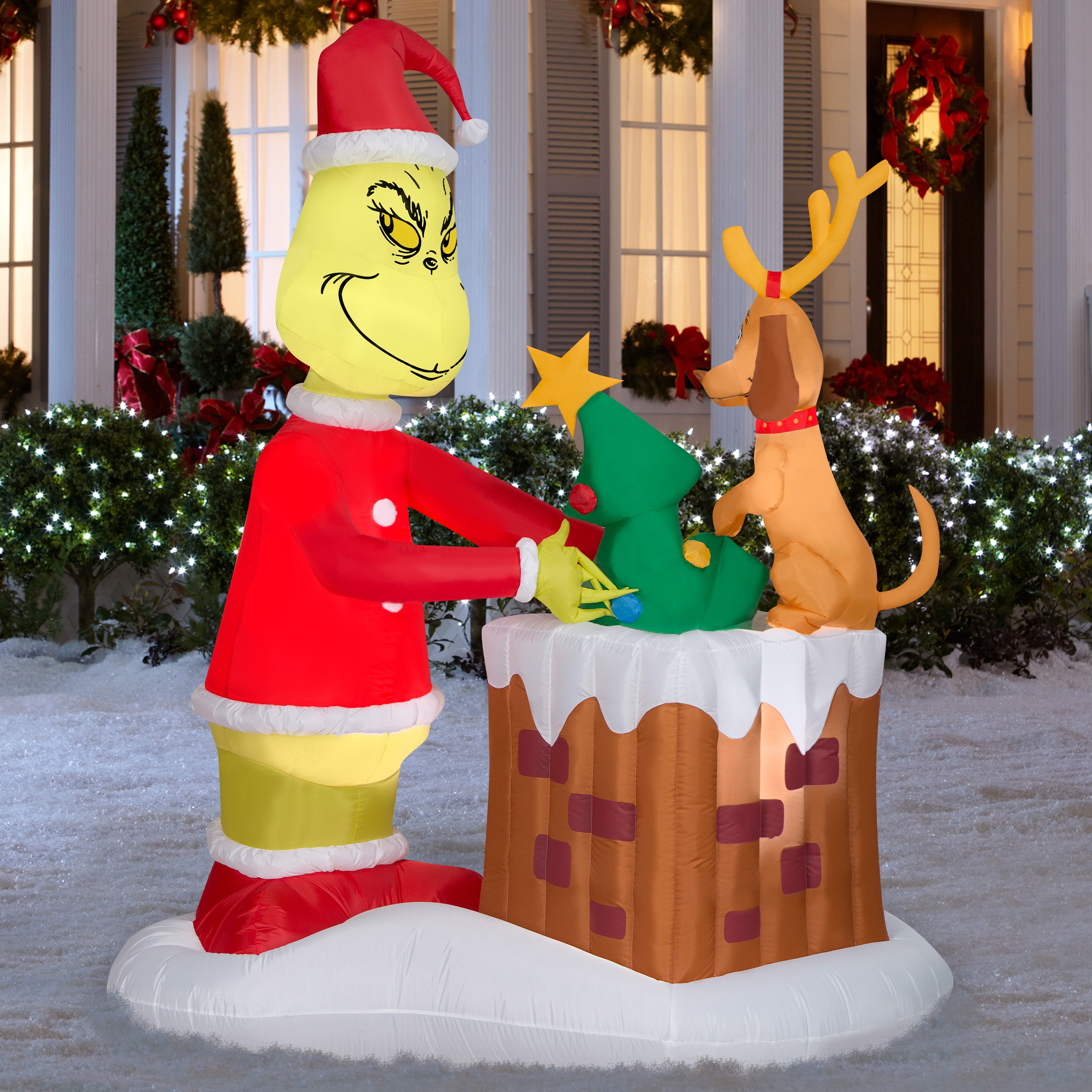 Gemmy Animated Airblown Inflatable Grinch Pulling Tree from Chimney Scene Dr. Seuss, 6.5 ft Tall