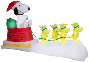 Gemmy Christmas Airblown Inflatable Snoopy in Dog Bowl Sleigh w/Woodstocks Scene Peanuts, 5 ft Tall
