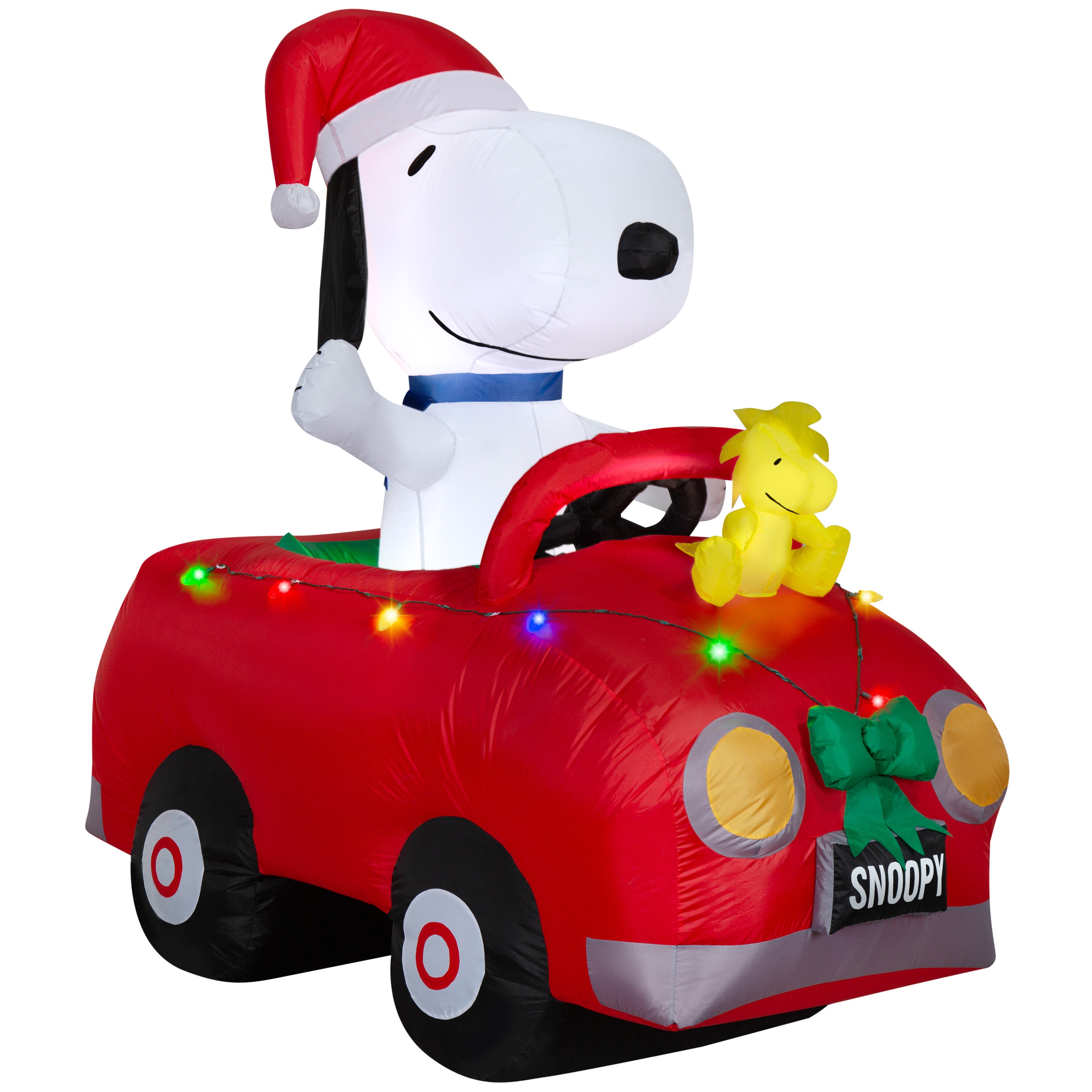 Gemmy Airblown Inflatable Snoopy and Woodstock in Car w/ Christmas Lights Scene Peanuts  , 6 ft Tall