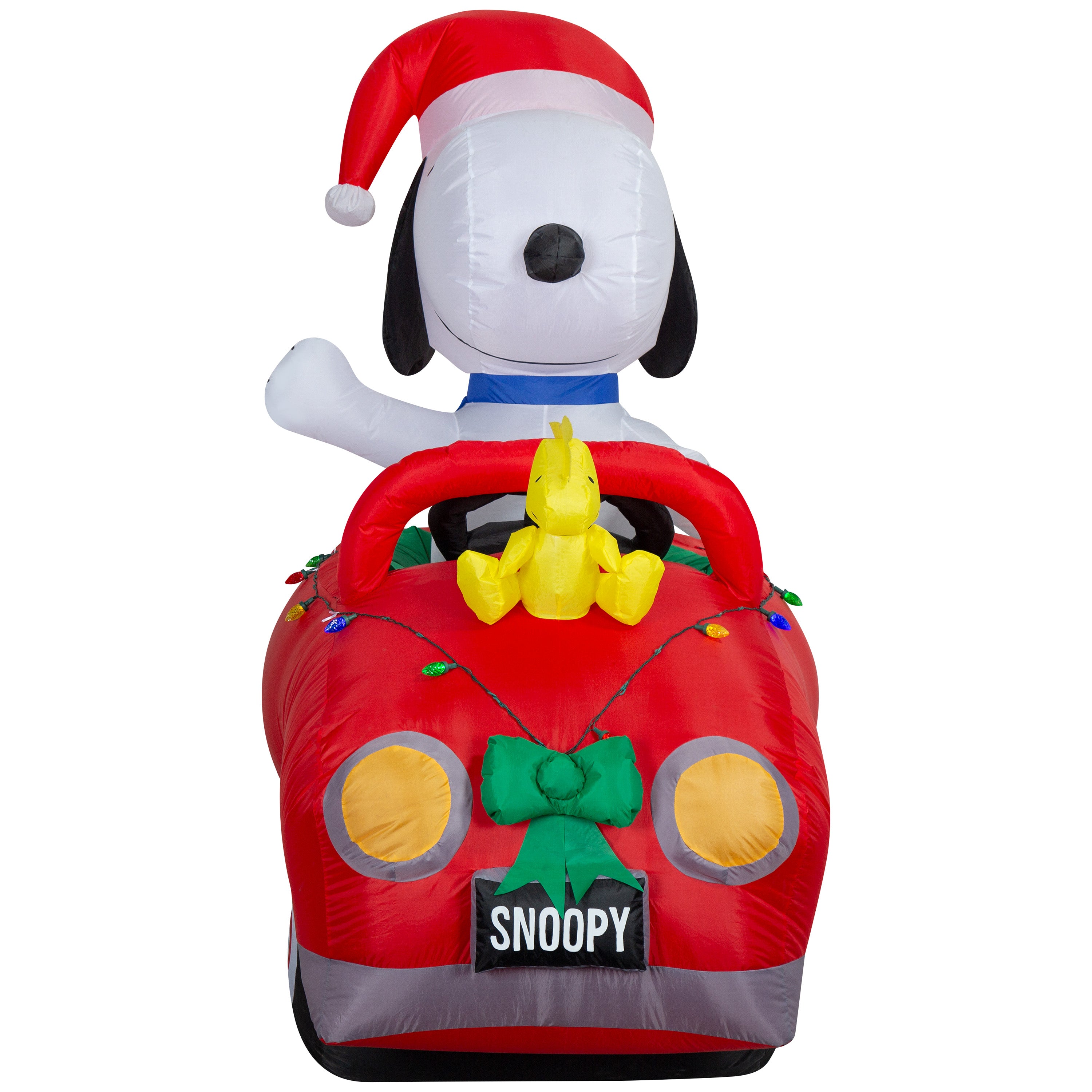 Gemmy Airblown Inflatable Snoopy and Woodstock in Car w/ Christmas Lights Scene Peanuts  , 6 ft Tall