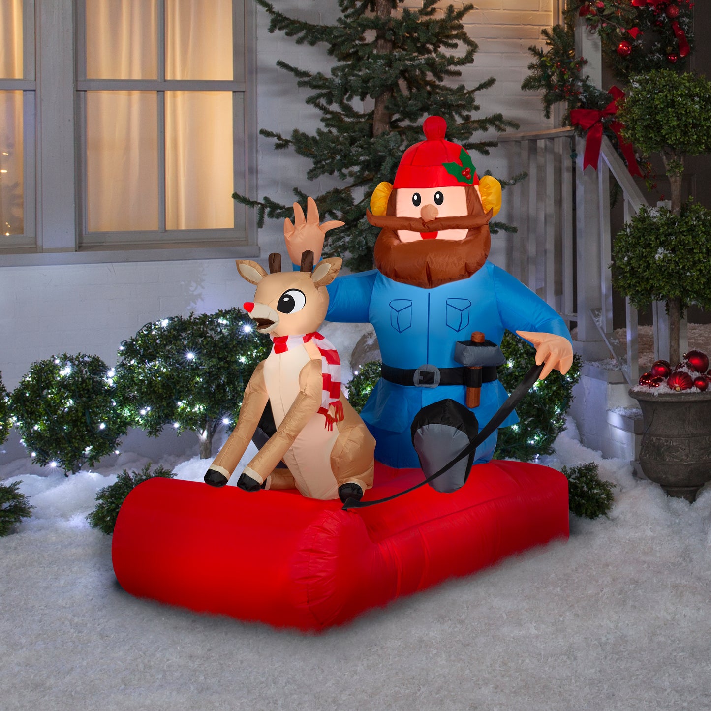 Christmas Inflatable Rudolph and Yukon Cornelius on Sled, 4.5 ft Tall lifestyle