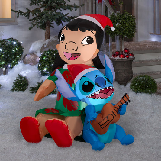 Gemmy Christmas Inflatable Lilo and Stitch in Santa Hats, 4 ft Tall, Multi