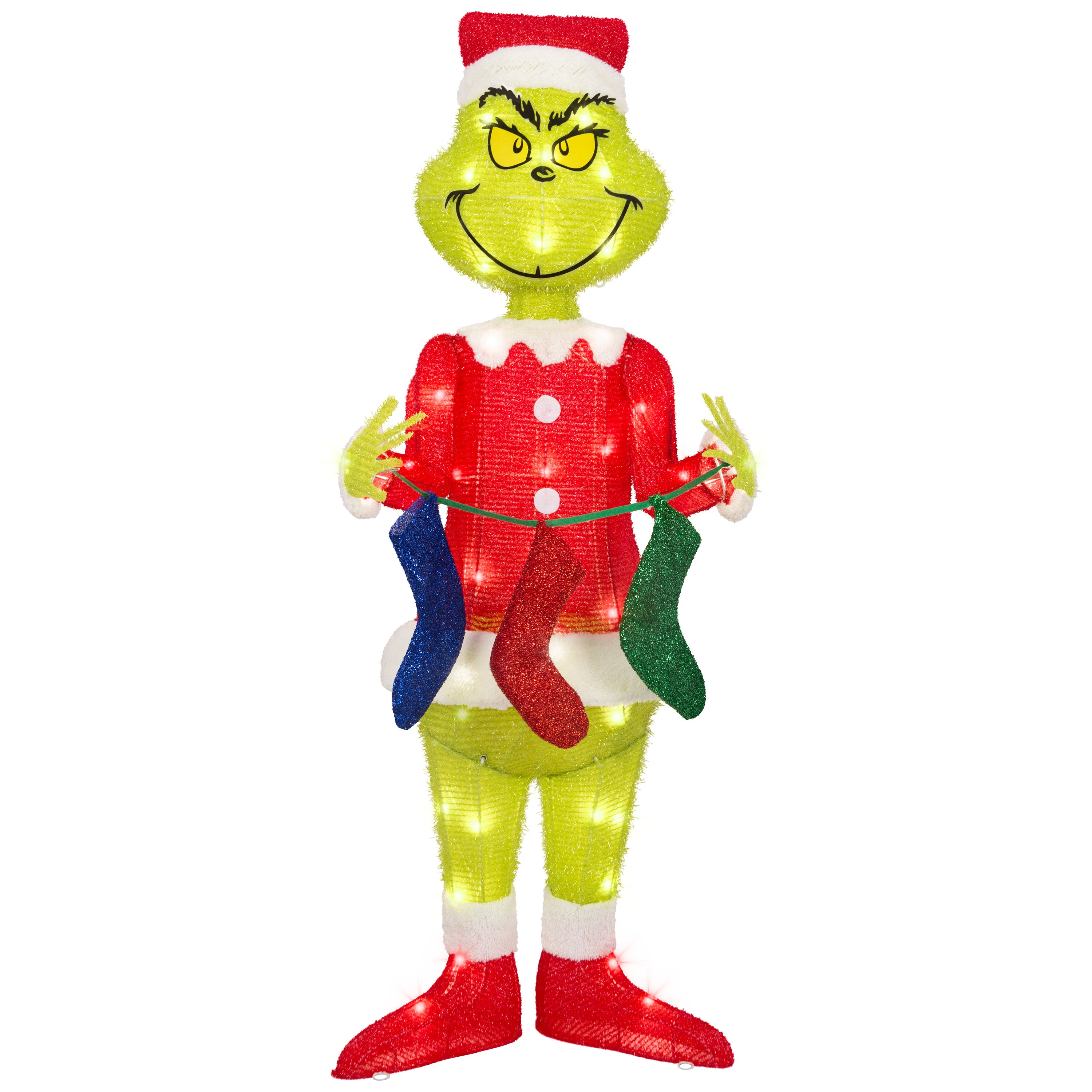 Gemmy 3D Holiday Lighted Tinsel Sculpture The Grinch w/Stockings 4ft Dr. Seuss , Multicolored