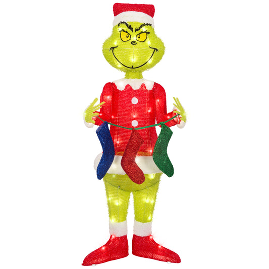 3D Holiday Lighted Tinsel Sculpture The Grinch w/Stockings 4ft Dr. Seuss