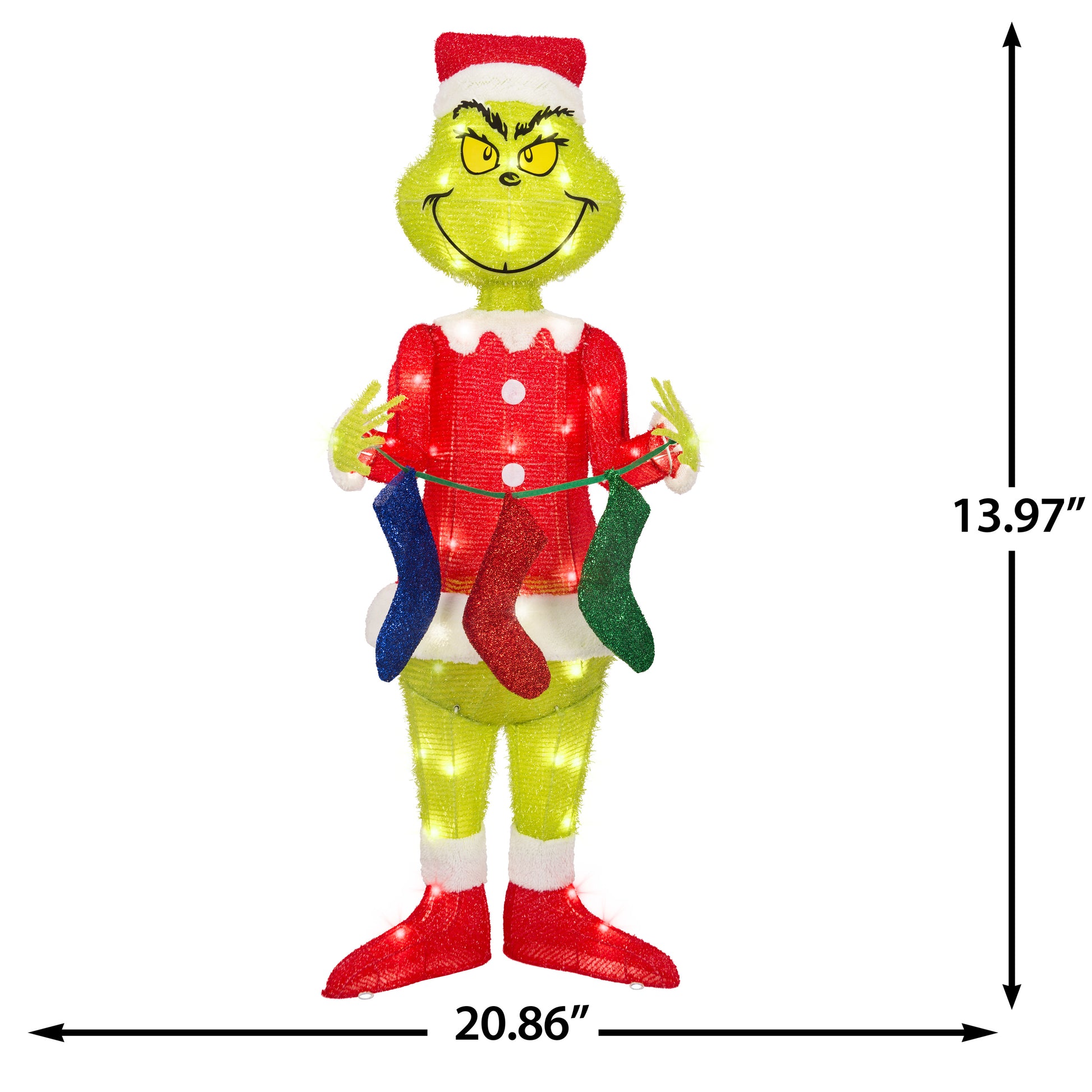3D Holiday Lighted Tinsel Sculpture The Grinch w/Stockings 4ft Dr. Seuss dimensions