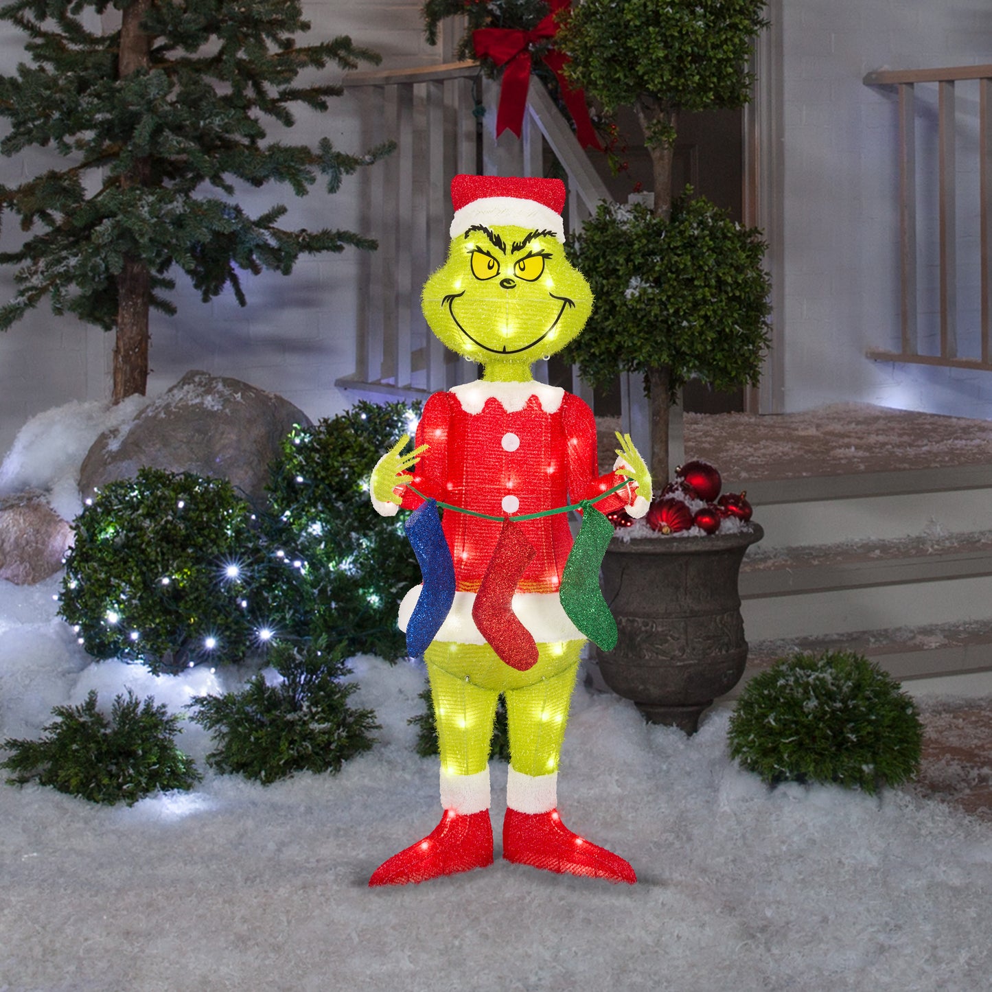3D Holiday Lighted Tinsel Sculpture The Grinch w/Stockings 4ft Dr. Seuss lifestyle