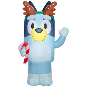 Gemmy Christmas Airblown Inflatable Bluey w/Antlers Holding Candy Cane Bluey, 3.5 ft Tall