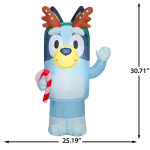 Gemmy Christmas Airblown Inflatable Bluey w/Antlers Holding Candy Cane Bluey, 3.5 ft Tall