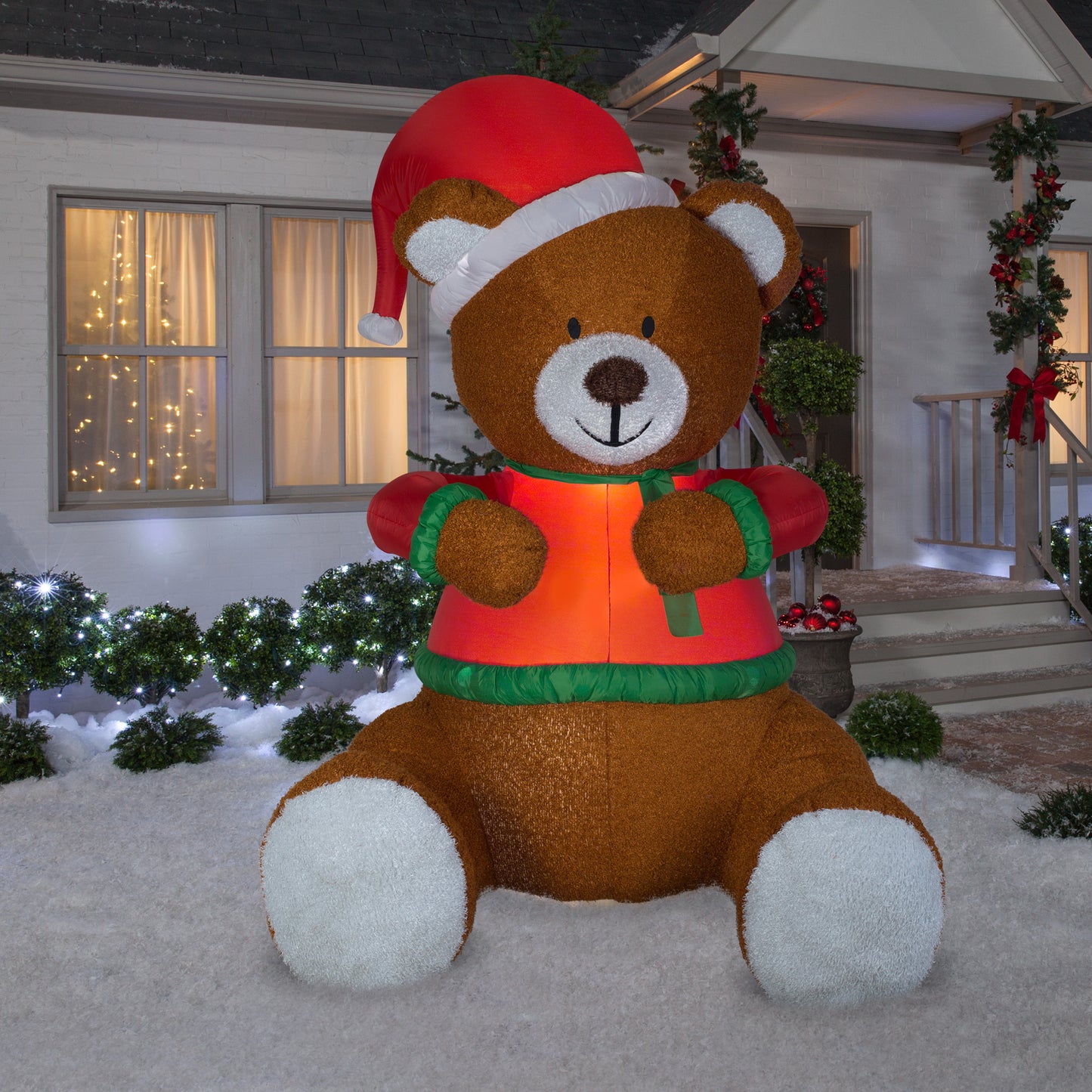 8.5' Animated Mixed Media Hugging Teddy Bear w/ Santa Hat Christmas Inflatable lifestyle