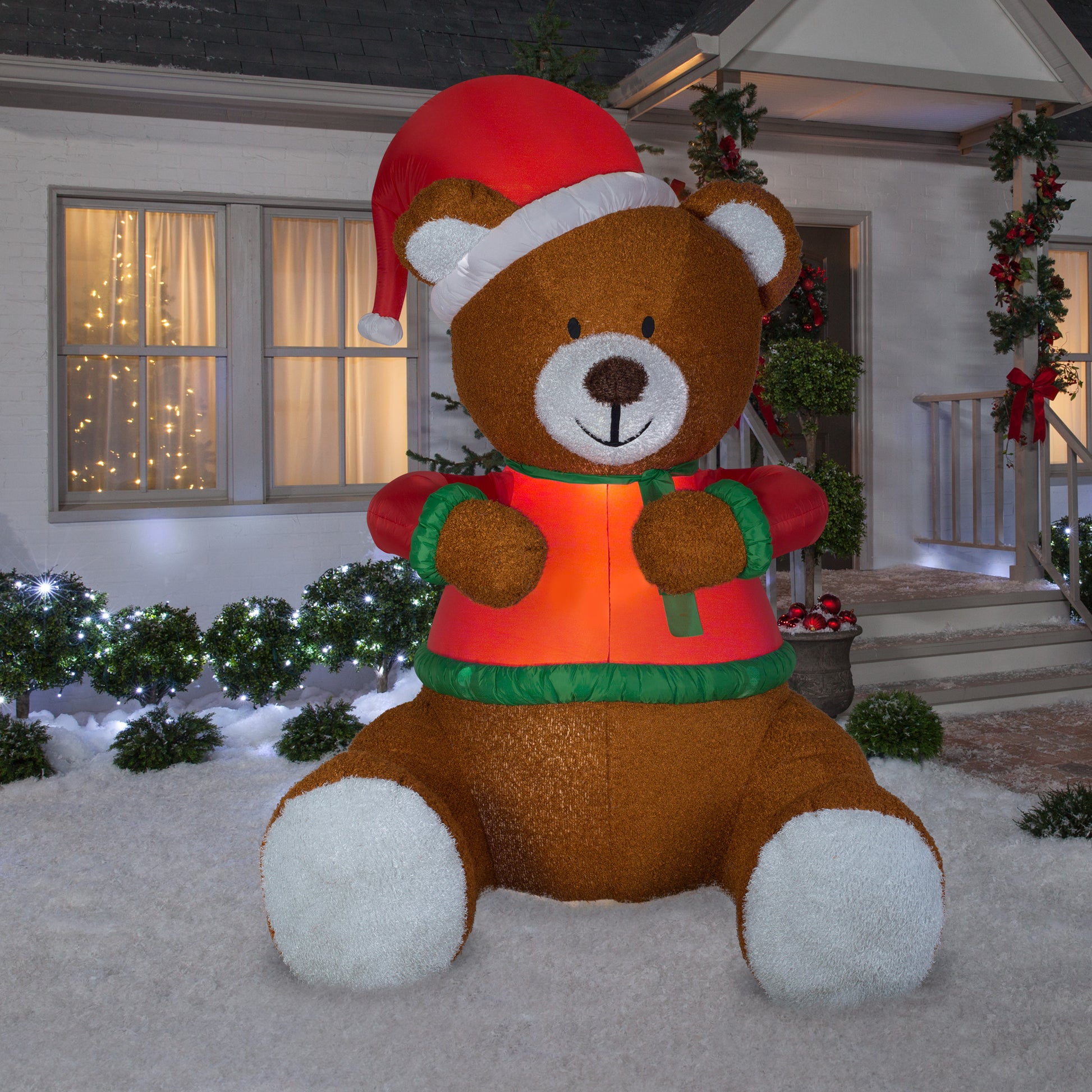 8.5' Animated Mixed Media Hugging Teddy Bear w/ Santa Hat Christmas Inflatable lifestyle