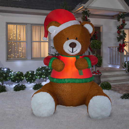 8.5' Animated Mixed Media Hugging Teddy Bear w/ Santa Hat Christmas Inflatable lifestyle