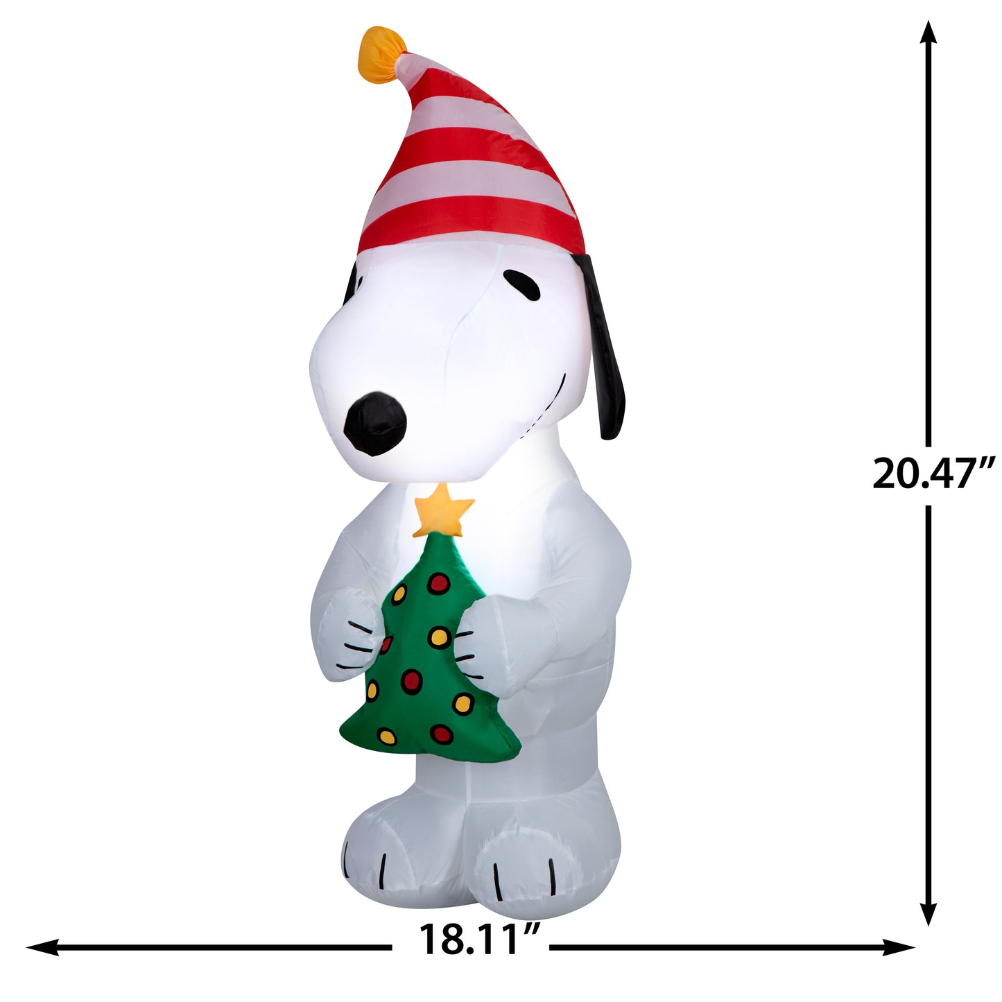 Inflatable Snoopy w/ Stylized Christmas Tree and Red/White Striped Hat Peanuts, 3.5 ft Tall dimensions