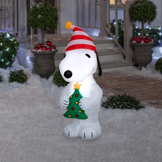 Inflatable Snoopy w/ Stylized Christmas Tree and Red/White Striped Hat Peanuts, 3.5 ft Tall lifestyle