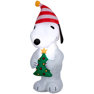 Gemmy Airblown Inflatable Snoopy w/ Stylized Christmas Tree and Red/White Striped Hat Peanuts , 3.5 ft Tall