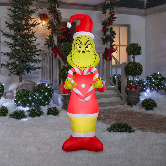 Gemmy Christmas Airblown Inflatable Grinch Holding Candy Cane Hearts S LG Dr. Seuss, 6.5 ft Tall